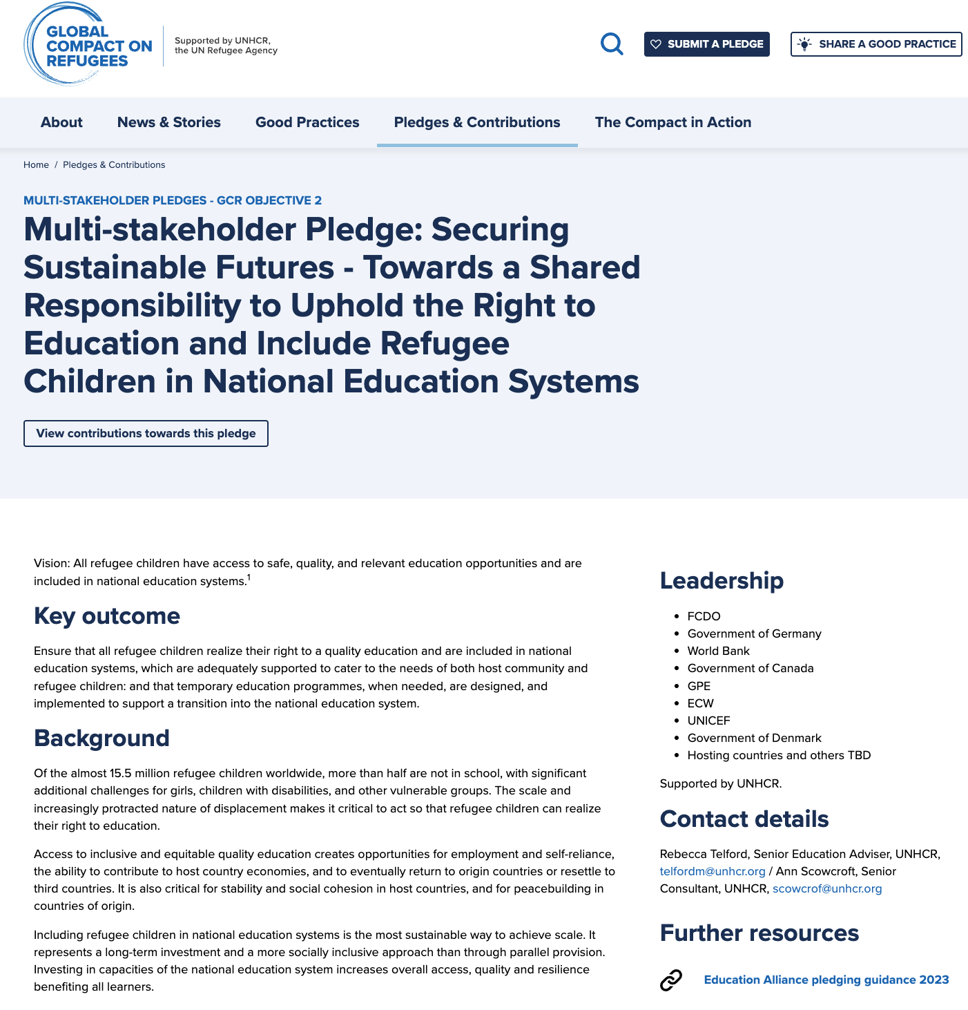 Multi-stakeholder Pledge: Securing Sustainable Futures - Towards a Shared Responsibility to Uphold the Right to Education and Include Refugee Children in National Education Systems