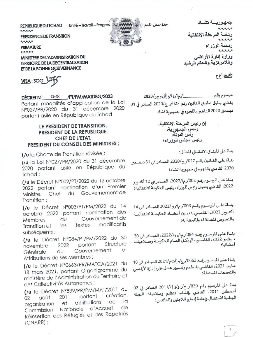 Decret d’application de la loi d’asile n°0648/PT/PM/MATDBG/2023).