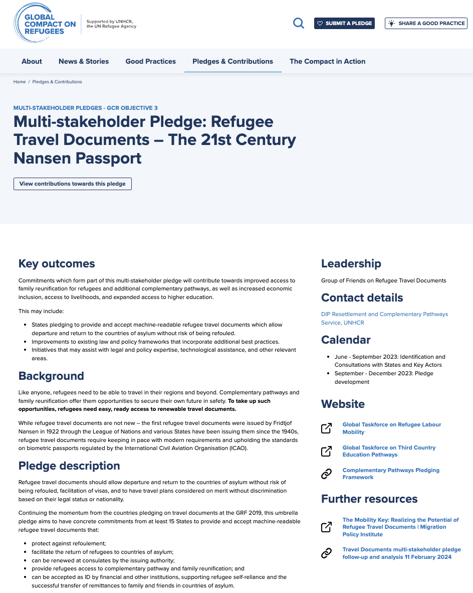 Multi-stakeholder Pledge: Refugee Travel Documents – The 21st Century Nansen Passport