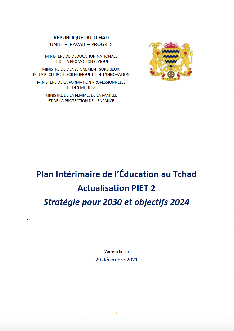 Plan Intérimaire de l’Éducation au Tchad - Actualisation PIET 2 - Stratégie pour 2030 et Objectifs 2024