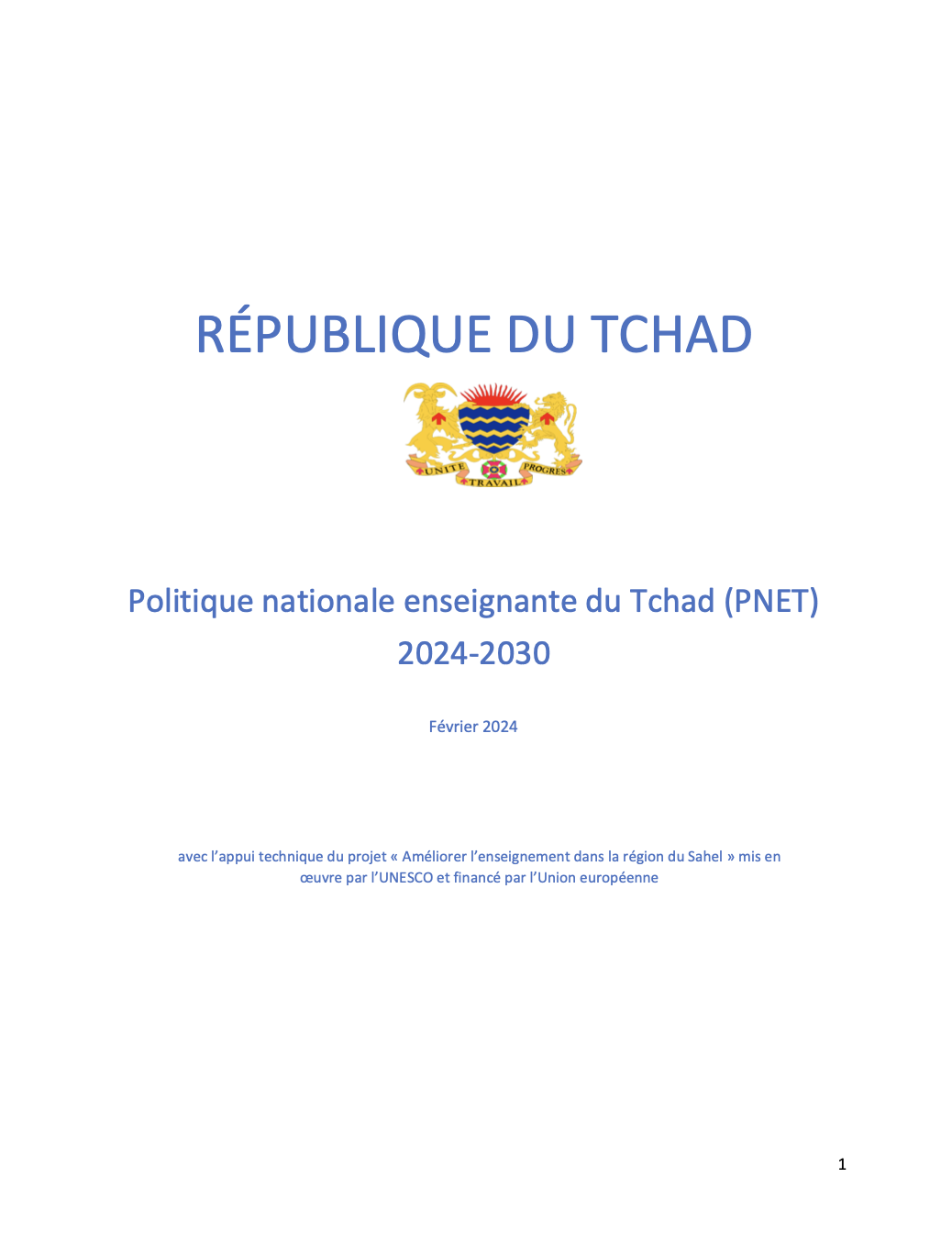 Politique Nationale Enseignante du Tchad (PNET) 2024-2030