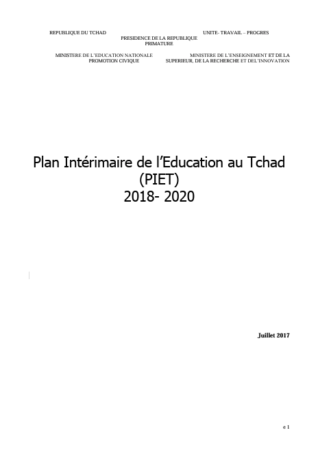 Plan Intérimaire de l’Education au Tchad (PIET) 2018- 2020 - Tchad