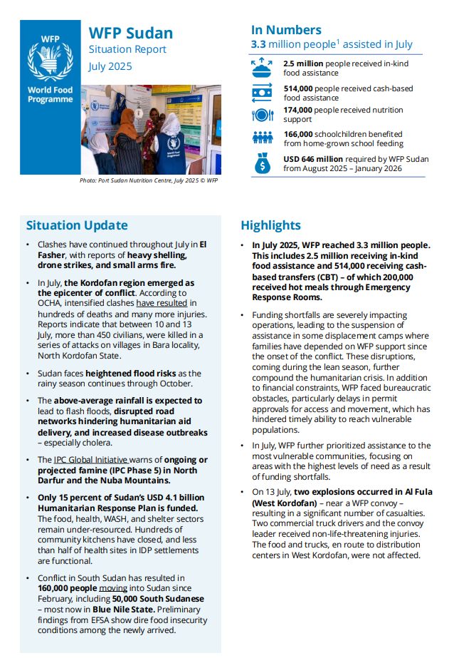 WFP Sudan - Sudan Regional Crisis External Situation Report, 31 July 2025