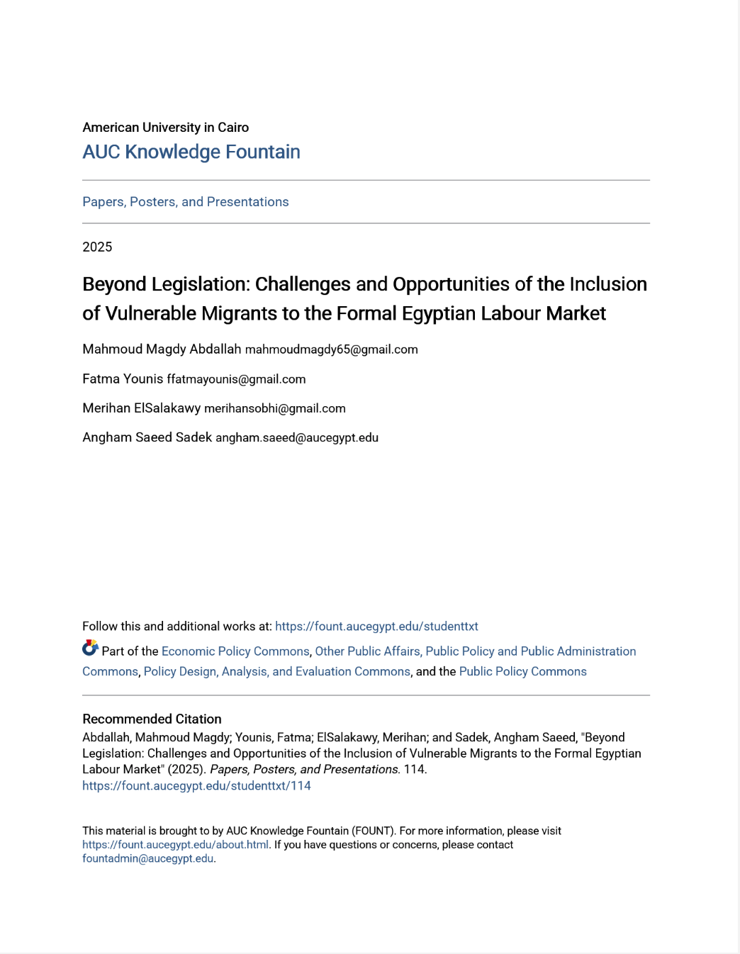 Beyond Legislation: Challenges and Opportunities of the Inclusion of Vulnerable Migrants to the Formal Egyptian Labour Market