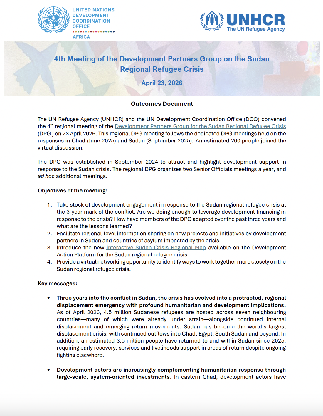 4th Meeting of the Development Partners Group on the Sudan Regional Refugee Crisis - Outcomes Document (23 April 2026)