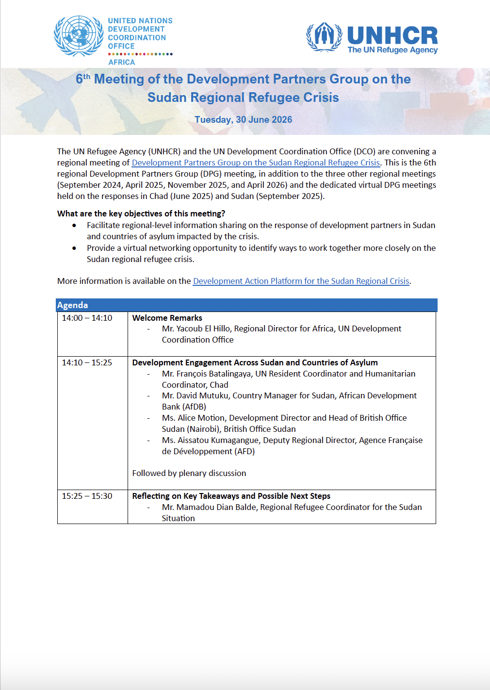 Agenda - 6th Meeting of the Development Partners Group on the Sudan Regional Refugee Crisis (June 2026)