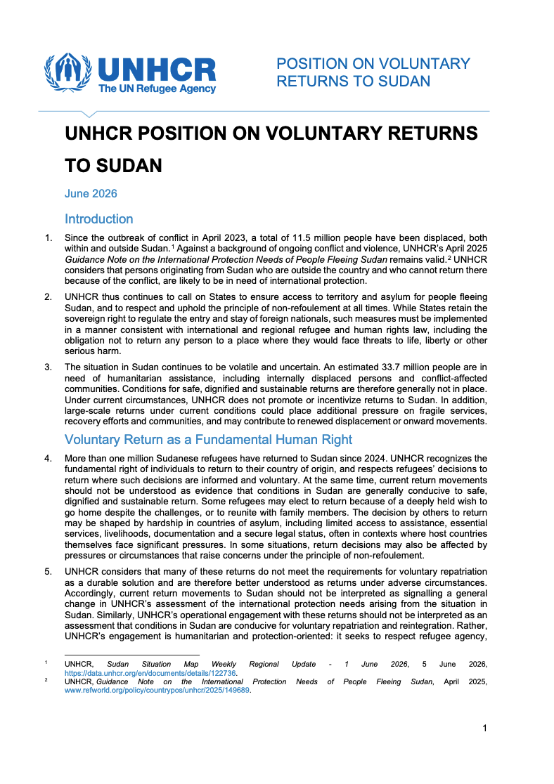 UNHCR Position on Voluntary Returns to Sudan (June 2026)