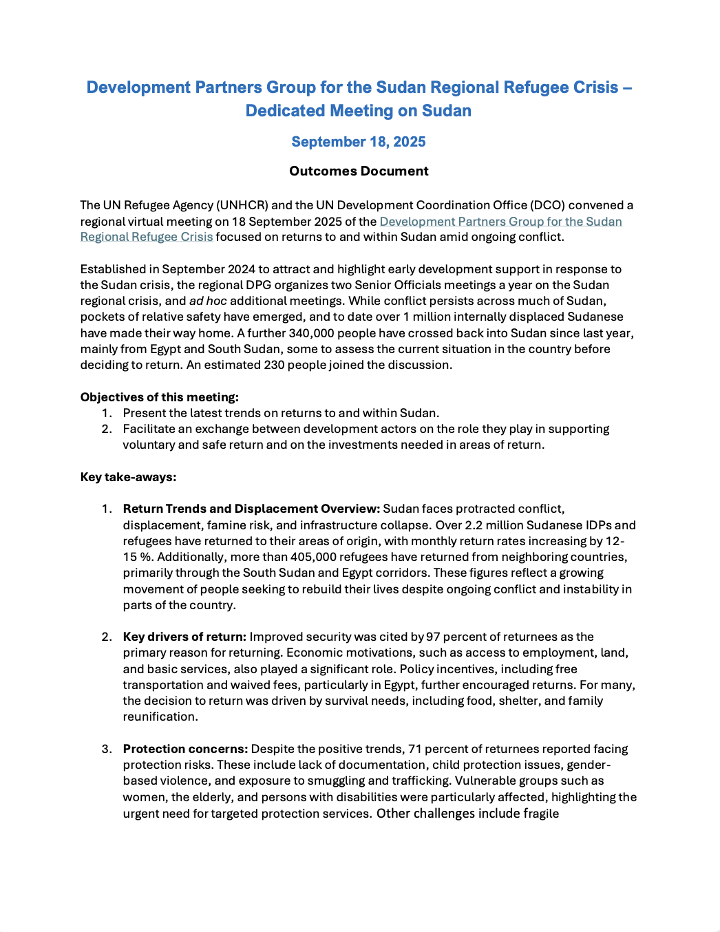 Outcomes Document: Development Partners Meeting on Returns Sudan (18 September 2025)
