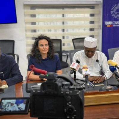 Amb. Seyni Nafo, Mafalda Duarte, Chad’s Minister of Finance, Budget, Economy and International Cooperation, and Chad’s Minister of the Environment, Fishery and Sustainable Development (from left to right) at a press conference on 12 February in N'Djamena.