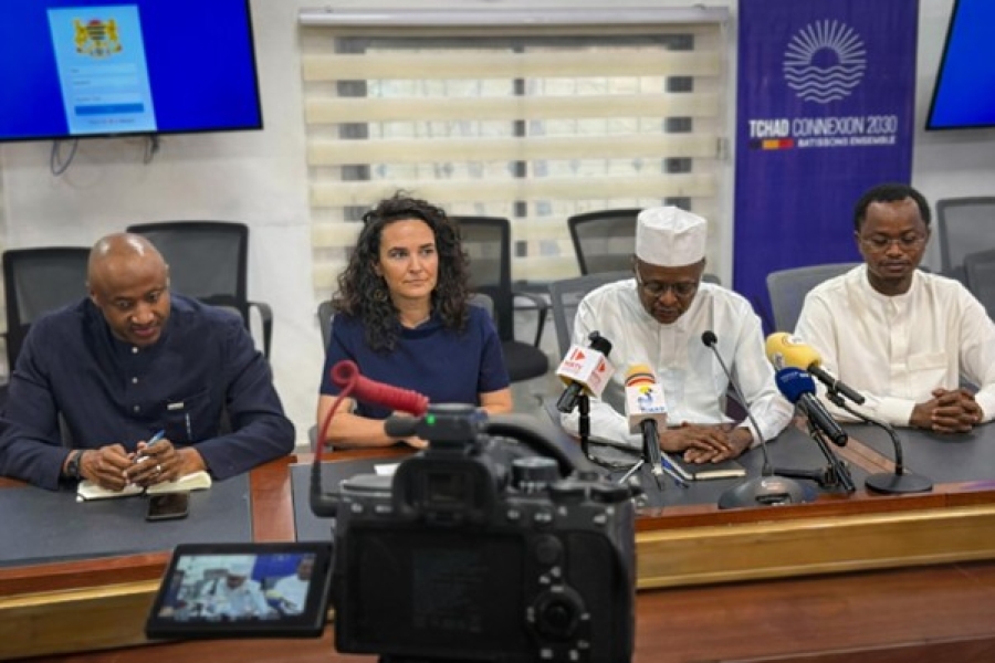 Amb. Seyni Nafo, Mafalda Duarte, Chad’s Minister of Finance, Budget, Economy and International Cooperation, and Chad’s Minister of the Environment, Fishery and Sustainable Development (from left to right) at a press conference on 12 February in N'Djamena.